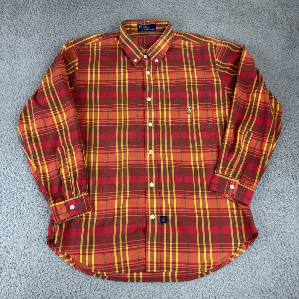 Polo Ralph Lauren Shirt Men Med Red Yellow Plaid‎ Button Up Flesh Pony Logo VTG